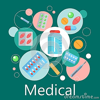 Pharmacy banner of medicine and health symbols Vector Illustration
