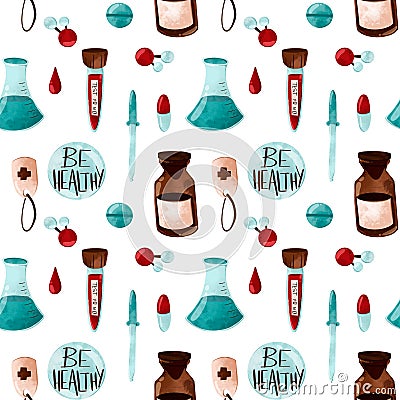 Pharmacy bottle, blood test, laboratory bottle on a white background. Seamless pattern texture digital art. Print for banners, pos Stock Photo