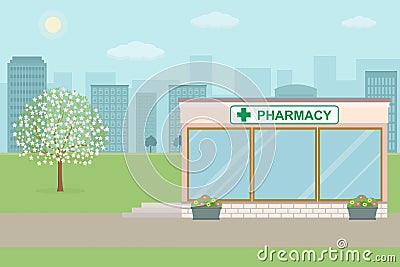 Pharmacy building on city background. Vector Illustration