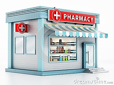 Pharmacy building isolated on white background. 3D illustration Cartoon Illustration