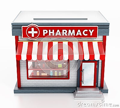 Pharmacy building isolated on white background. 3D illustration Cartoon Illustration