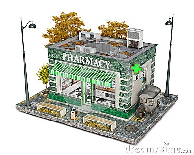 Pharmacy building on a piece of ground Cartoon Illustration