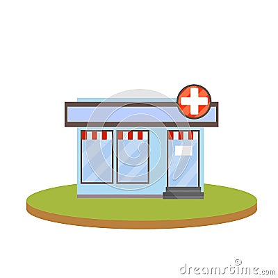 Pharmacy building. symbol white cross on sign. Medicine and pharmacology Vector Illustration