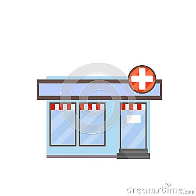 Pharmacy building. symbol white cross on sign. Medicine and pharmacology. Treatment of people with pill Vector Illustration