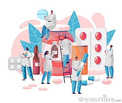 Pharmacy Business Medicine Drug Store Character. Pharmacist Care for Patient. Professional Pharmaceutical Science. Online Pill Vector Illustration