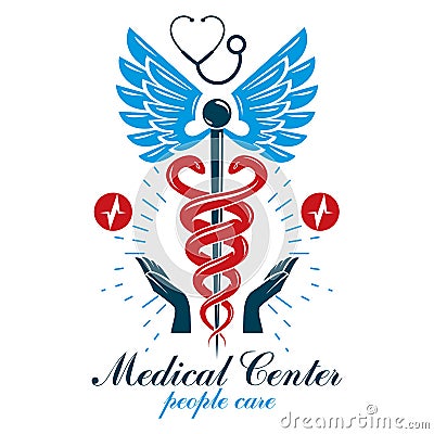 Pharmacy Caduceus icon, medical logo created with heart shape an Vector Illustration