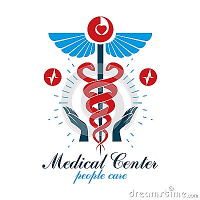 Pharmacy Caduceus icon, medical logo created with heart shape and electrocardiogram chart symbol. Cardiology diagnosis clinic Vector Illustration