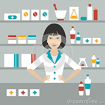 Pharmacy chemist girl standing in drugstore. Flat vector Vector Illustration