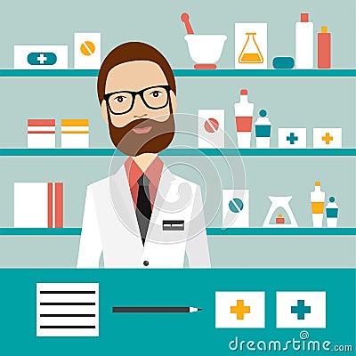 Pharmacy chemist man standing in drugstore. Vector Illustration