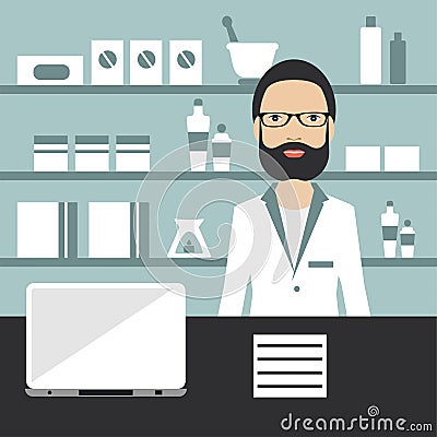 Pharmacy chemist standing in drugstore. Flat vector Vector Illustration