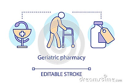 Pharmacy concept icon. Geriatric patient treatment idea thin line illustration. Old age diseases medication therapy Vector Illustration