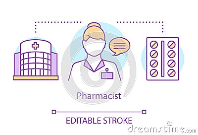 Pharmacy concept icon. Pharmacist, drug research expert idea thin line illustration. Profession in pharmaceuticals Vector Illustration