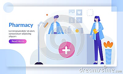 Pharmacy concept, pharmacist checking drug for patient, filling prescription in pharmacy, landing page template for banner, flyer Vector Illustration