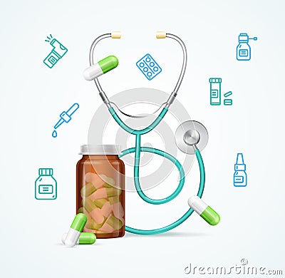 Pharmacy Concept with Pills Capsules in Medical Glass Bottle and Stethoscope. Vector Vector Illustration