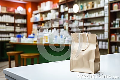 Pharmacy counter paper bag amid health products, blurred store backdrop Stock Photo