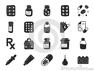 Pharmacy doodle illustration including flat icons - pills bottle, tablets blister, capsules, vitamin, cough syrup Vector Illustration