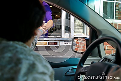 Pharmacy Drive Thru Customer Paying for Medication Stock Photo