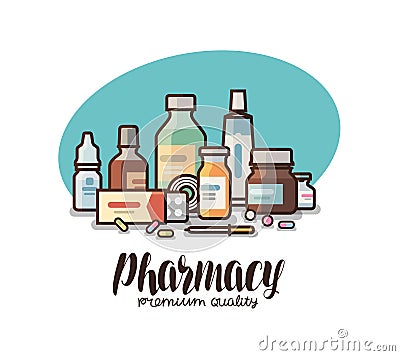 Pharmacy, drugstore label. Medical supplies, bottles liquids, pills, capsules icon or logo. Lettering vector Vector Illustration
