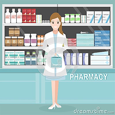 Pharmacy or drugstore with woman pharmacist at the counter. Vector Illustration