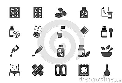 Pharmacy flat icons. Vector illustration include icon - rx, effervescent pill, blister, sachet, bandage, capsule bottle Vector Illustration