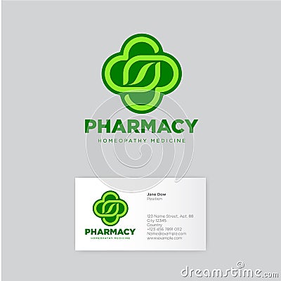 Pharmacy homeopathy logo. Green icon. Herbal Pharmacy emblem. Identity. Business card. Vector Illustration