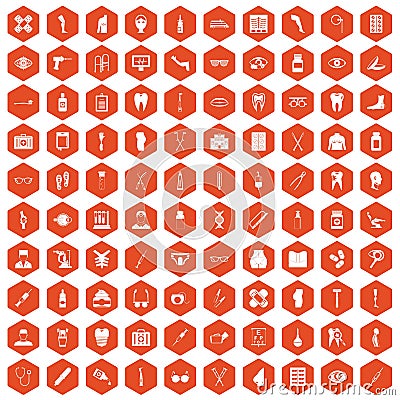 100 pharmacy icons hexagon orange Vector Illustration