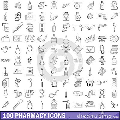 100 pharmacy icons set, outline style Vector Illustration