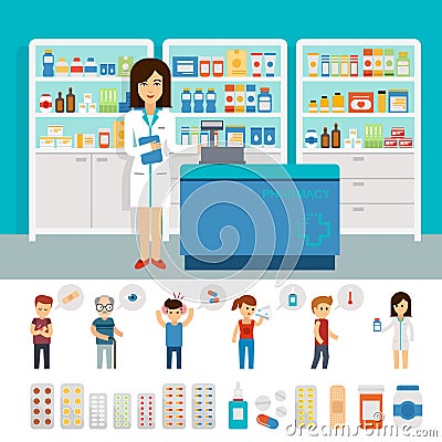 Pharmacy infographic elements and flat banner design. Vector pharmacy drugstore set design. Drugs icons pills capsules Vector Illustration