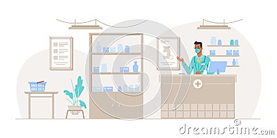 Pharmacy interior with male pharmacist by counter Vector Illustration