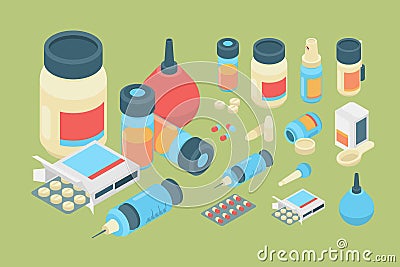 Pharmacy isometric. Medicine healthcare drugs and pills medication vector set Vector Illustration