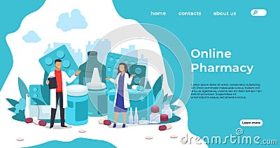 Pharmacy landing page. Medical support and drugs addiction concept, blisters with pills and capsules. Vector pharmacy Vector Illustration