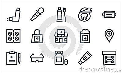 pharmacy line icons. linear set. quality vector line set such as cotton buds, capsules, prescription, ointment, safety glasses, Vector Illustration