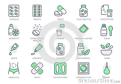 Pharmacy line icons. Vector illustration include icon - rx, effervescent pill, blister, sachet, bandage, capsule bottle Vector Illustration