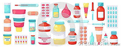 Pharmacy medications. Medicine drugs, pharmaceutical treatment, vitamins blister packs, medicine pills bottles vector Vector Illustration