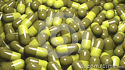 Pharmacy medicine capsule pill in production line at medical factory. 3d render Stock Photo