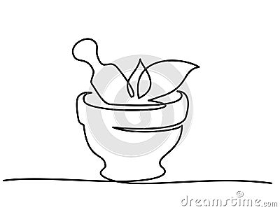 Pharmacy mortar and pestle with herbs. Continuous one line drawing. Cartoon Illustration