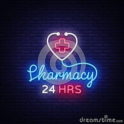 Pharmacy neon sign vector. Pharmacy 24 hours Design template neon sign, light banner, neon signboard, nightly bright Vector Illustration