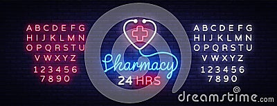 Pharmacy neon sign vector. Pharmacy 24 hours Design template neon sign, light banner, neon signboard, nightly bright Vector Illustration