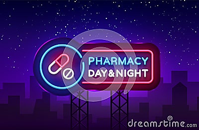 Pharmacy neon signboard vector. Medical neon glowing symbol, Light Banner, neon icon, design element. Vector Vector Illustration
