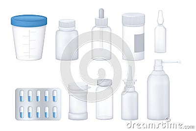 Pharmacy pharmaceutical set of empty, transparent 3D packaging for medicines. Vector Illustration