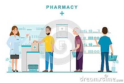 pharmacy with pharmacist and client in counter Vector Illustration