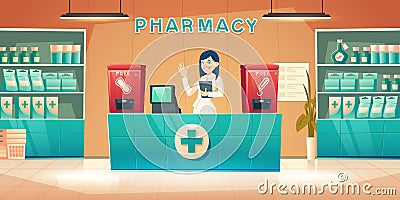 Pharmacy with pharmacist woman at counter desk Vector Illustration