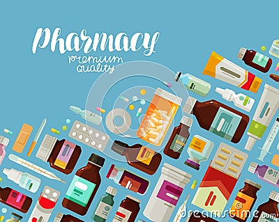 Pharmacy, pharmacology banner. Medicine, bottles and pills concept. Vector illustration Vector Illustration