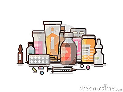 Pharmacy, pharmacology, drugstore, medical supplies banner. Modern medicine, hospital, healthcare concept. Vector Vector Illustration