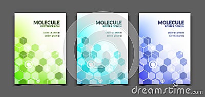 Pharmacy poster, molecular science innovation. Chemistry or biotechnology vertical banner collection, medical business Vector Illustration