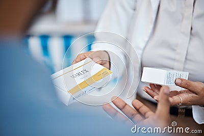 Pharmacy product, customer hands or pharmacist help man with pills choice, pharmaceutical decision or medicine box Stock Photo