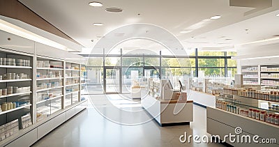 A Pharmacy's Modern Interior Flooded with Sunlight which is big and spacious. Generative AI Stock Photo