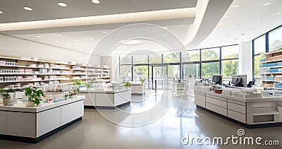 A Pharmacy's Modern Interior Flooded with Sunlight which is big and spacious. Generative AI Stock Photo