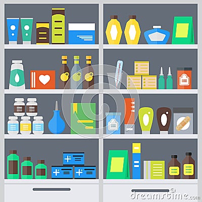 Pharmacy Shelves Background. Vector Vector Illustration