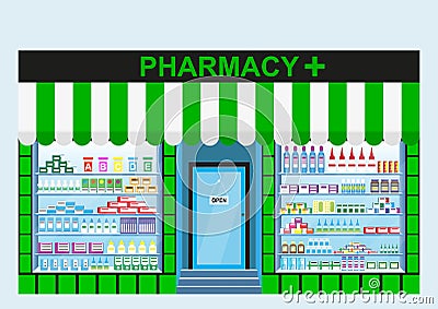 Pharmacy, shelves with a large selection of drugs. Store design. Vector Illustration